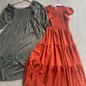 Elegant Green and Rust Maxi Dresses - Size Large